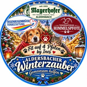 Logo des Aldersbacher Winterzaubers mit Hund und Katze sowie den Logos der Veranstalter