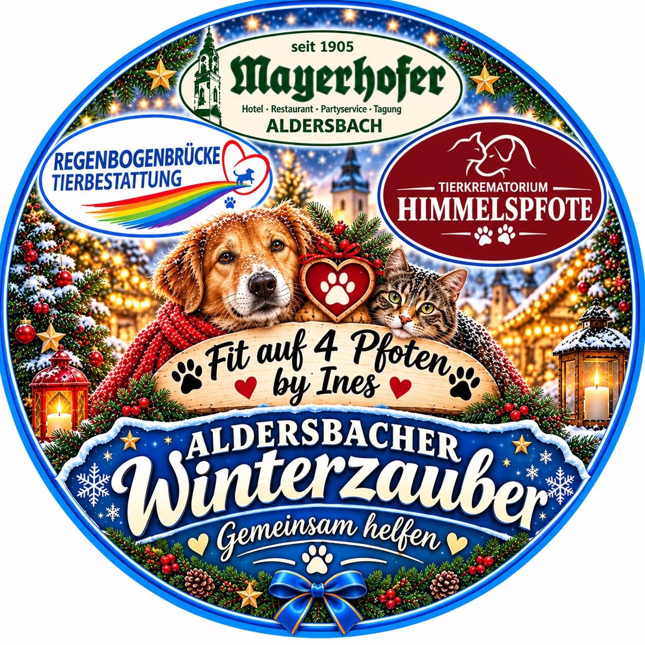 Logo des Aldersbacher Winterzaubers mit Hund und Katze sowie den Logos der Veranstalter